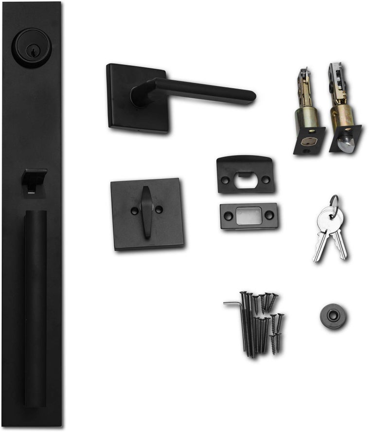Berlin Modisch Full Escutcheon HandleSet Front Door Entry Handle and Deadbolt Lock Set Slim Square Single Cylinder Deadbolt and Lever Heavy Duty â€“ Iron Black Finish - Image 4